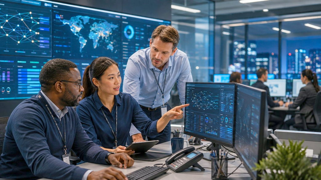 A Novus operations team reviewing live payment orchestration together on desk and wall dashboards.