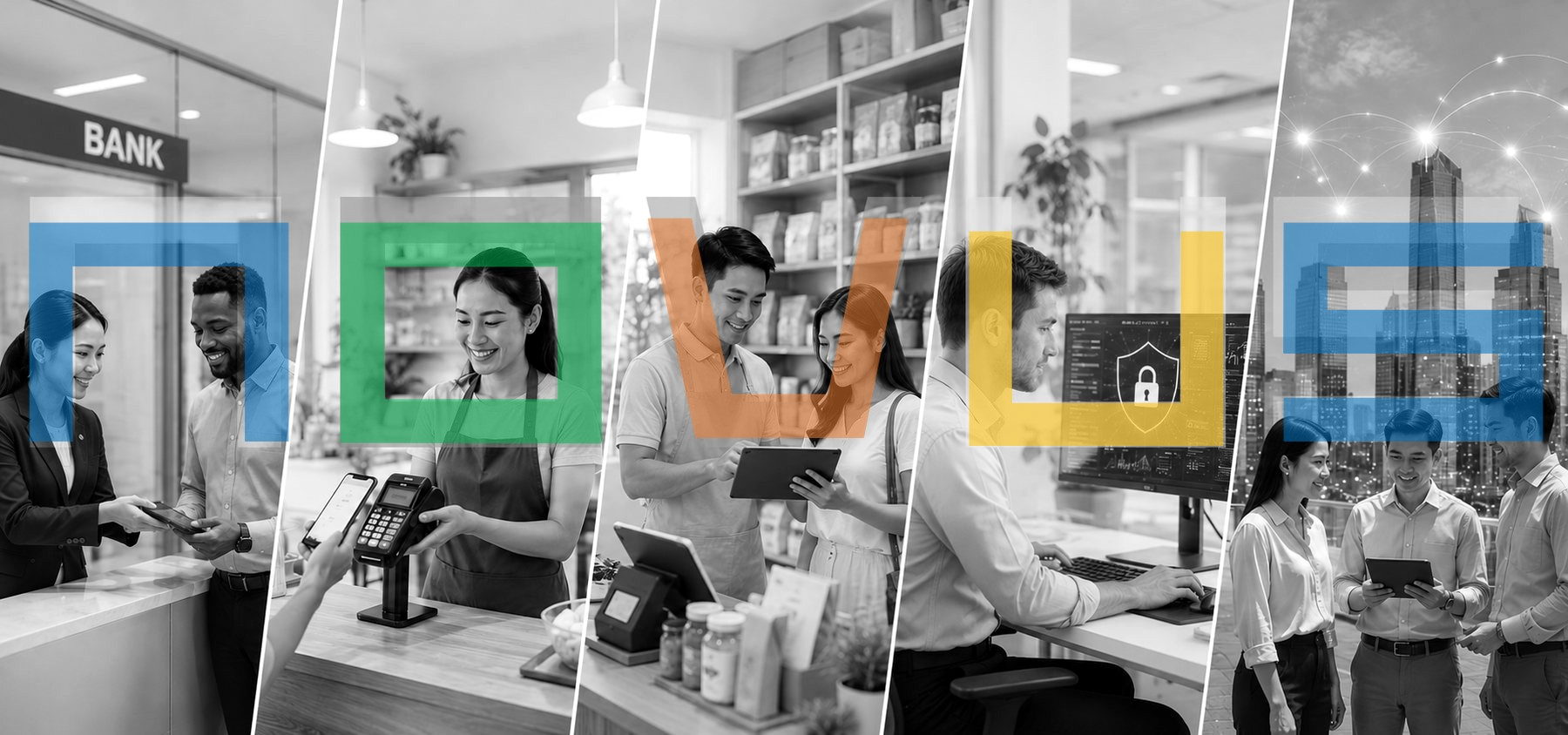 Five moments Novus runs end to end: a bank branch, a caf&eacute; payment, a retail counter, a security desk and a regional team.