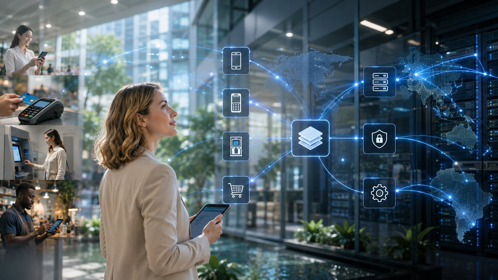 Every channel (mobile, POS, ATM and commerce) converging on one platform, then out to processing, security and operations across the region.