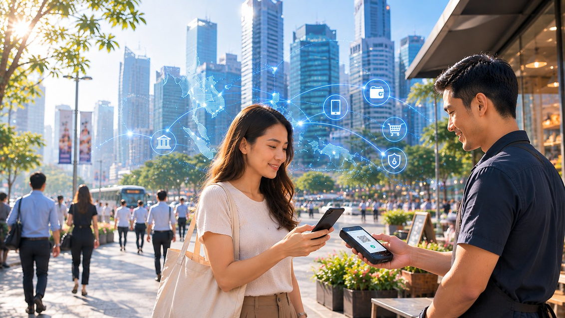 A customer paying a street-side merchant from the card in her phone wallet: the card as a programmable digital credential.